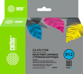 Картридж струйный Cactus CS-3YL77AE 912 голубой (5мл) для HP OfficeJet 8010/8012/8013/8014/8015/8020/8025 с чипом - купить недорого с доставкой в интернет-магазине