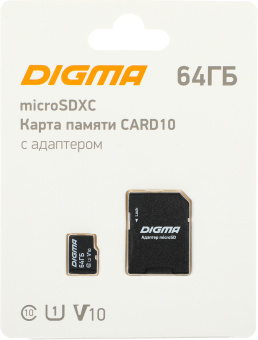 Флеш карта microSDXC 64Gb Class10 Digma CARD10 + adapter - купить недорого с доставкой в интернет-магазине