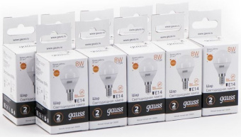 Лампа светодиодная Gauss Elementary 8Вт цок.:E14 шар 220B св.свеч.бел.теп. P45 (упак.:10шт) (53118) - купить недорого с доставкой в интернет-магазине