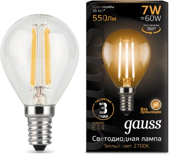 Лампа светодиодная Gauss 7Вт цок.:E14 шар 220B св.свеч.бел.теп. P45 (упак.:10шт) (105801107) - купить недорого с доставкой в интернет-магазине