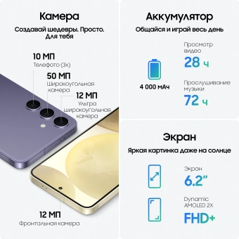 Смартфон Samsung SM-S921B Galaxy S24 5G 256Gb 8Gb фиолетовый моноблок 3G 4G 2Sim 6.2" 1080x2340 Android 14 50Mpix 802.11 a/b/g/n/ac/ax NFC GPS GSM900/1800 GSM1900 TouchSc Protect - купить недорого с доставкой в интернет-магазине