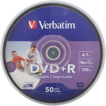 Диск DVD+R Verbatim 4.7Gb 16x Cake Box (50шт) Printable (43512) - купить недорого с доставкой в интернет-магазине