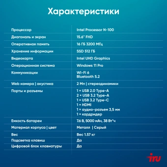 Ноутбук IRU Planio 15INPR N-series N100 16Gb SSD512Gb Intel UHD Graphics 15.6" IPS FHD (1920x1080) Windows 11 Pro grey WiFi BT Cam 5000mAh (2076072) - купить недорого с доставкой в интернет-магазине