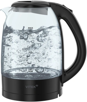 Чайник электрический Vitek VT-WK1012 1.7л. 2200Вт черный корпус: стекло - купить недорого с доставкой в интернет-магазине