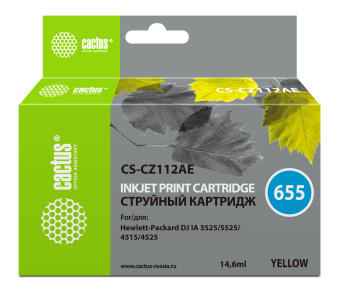 Картридж струйный Cactus CS-CZ112AE №655 желтый (14.6мл) для HP DJ IA 3525/5525/4525 - купить недорого с доставкой в интернет-магазине
