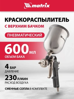 Краскораспылитель Matrix 57314 230л/мин соп.:1.8мм бак:0.6л серебристый - купить недорого с доставкой в интернет-магазине
