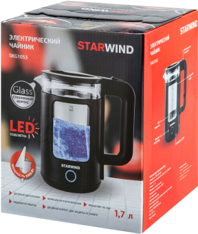 Чайник электрический Starwind SKG1053 1.7л. 1800Вт черный корпус: стекло - купить недорого с доставкой в интернет-магазине