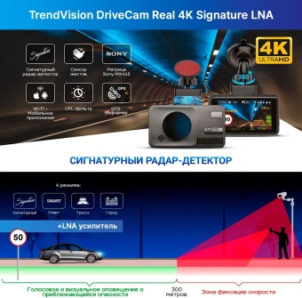 Видеорегистратор с радар-детектором TrendVision DriveCam Real 4K Signature LNA GPS ГЛОНАСС черный - купить недорого с доставкой в интернет-магазине