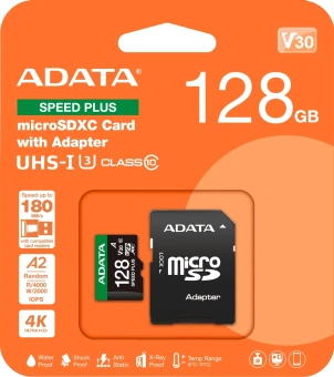 Флеш карта microSDXC 128GB A-Data UD128GUI3V30A2SP-RA1 Speed Plus V30 A2 + adapter - купить недорого с доставкой в интернет-магазине