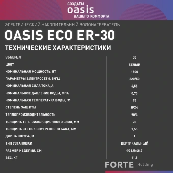Водонагреватель Oasis Standart EcoER-30 1.5кВт 30л электрический настенный/белый - купить недорого с доставкой в интернет-магазине