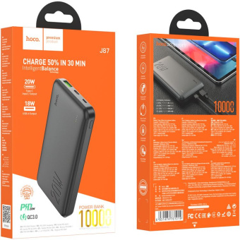 Мобильный аккумулятор Hoco J87 Tacker 10000mAh QC3.0/PD3.0 20W 3A USB-A/USB-C черный - купить недорого с доставкой в интернет-магазине