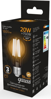 Лампа светодиодная Gauss Filament 102902120 20Вт цок.:E27 груша 220B св.свеч.бел.теп. (упак.:1шт) - купить недорого с доставкой в интернет-магазине